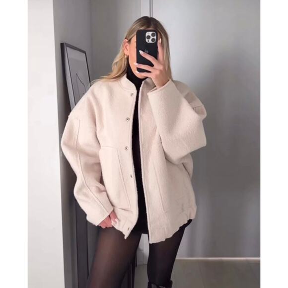 Zara White Fleece Textured Snap Button Up Oversized Bomber Coat Jacket Size M/L - Picture 5 of 16